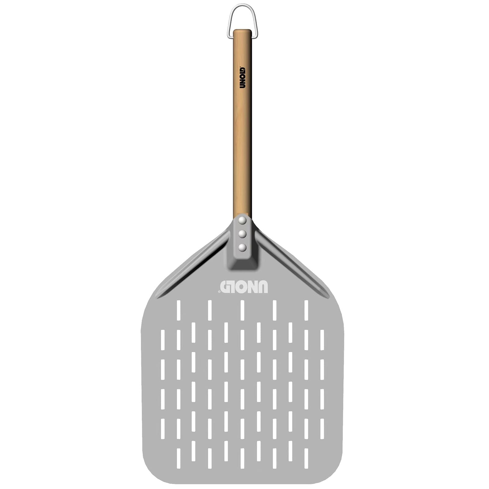 Unold Pizza Peel and Bread Baking Paddle 6881620 - Anodised Aluminium - 35cm Beech Wood Handle - Perforated/Slotted - 40x30cm (16"x12")