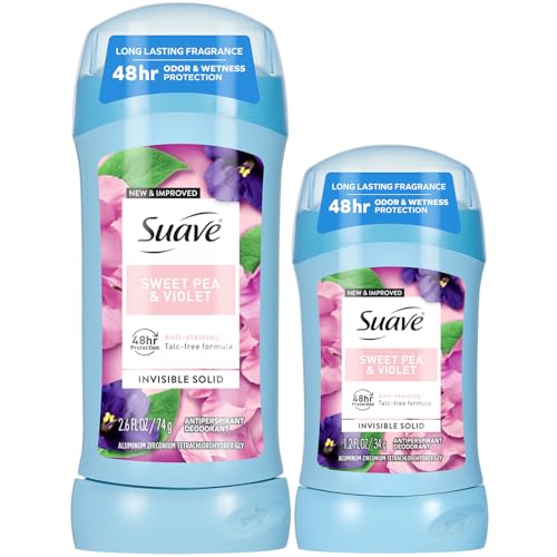 Suave Antiperspirant Deodorant for Women, Sweet Pea & Violet 2-Size Variety Pack – Anti-Staining Invisible Solid, Talc-Free (2 Piece Set)