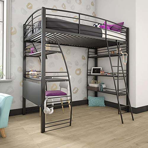 DHP Studio Loft Bunk Bed Over Desk and Bookcase with Metal Frame, Black