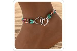 ANGLEQUEEN Elastic Beaded Ankle Bracelets for Women Double Heart Layered Stretch Ankle Bracelets Waterproof Dainty Boho Beaded Anklets for Summer Beach Foot Jewelry