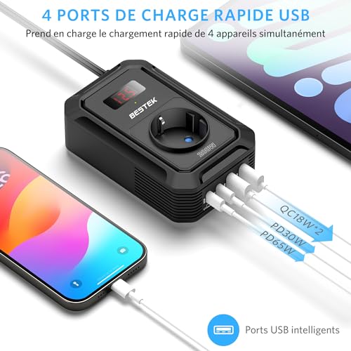 BESTEK Converter 12 V 220 V 230 V 240 V 200 W Cigarette Lighter Socket Voltage Transformer, 4 USB Ports and 1 EU Sockets, Car Camping Car Charger with Multi Protectors (Black)