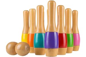 Lawn Bowling Game/Skittle Ball- Indoor and Outdoor Fun for Toddlers, Kids, Adults –10 Wooden Pins, 2 Balls, and Mesh Bag Set by Hey! Play! (9.5 Inch)