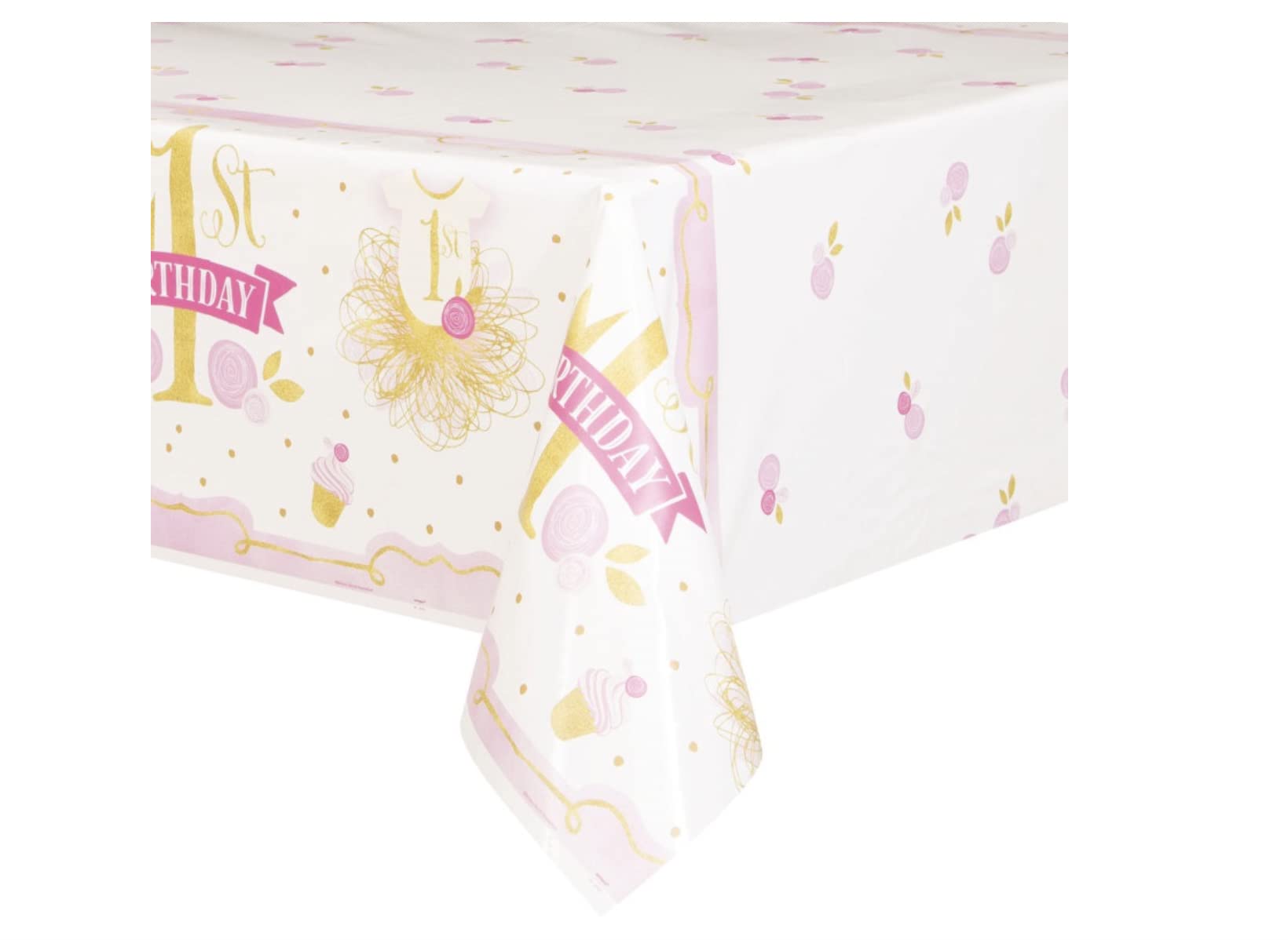 Unique Party 58153 Pink and Gold Girls 1st Birthday Plastic Tablecloth, 84 x 54, Pink & Gold