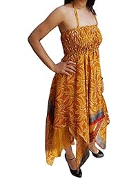 Flora Womens Halter Dress Handkerchief Hem Recycled Sari Summer Resort Fashion Sundress S/M