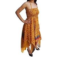 Mogul Interior Flora Womens Halter Dress Handkerchief Hem Recycled Sari Summer Resort Fashion Sundress S/M