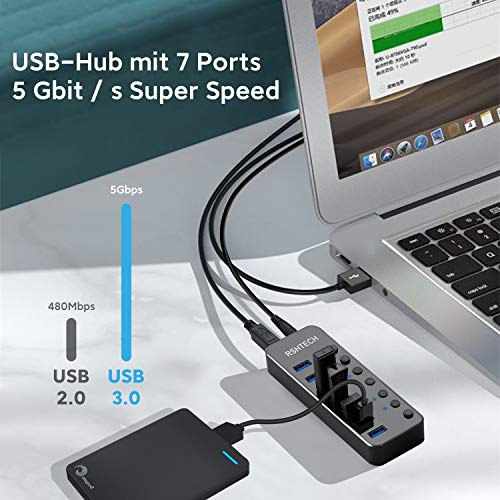 RSHTECH USB 3.0 Hub Powered with 10W Power Supply USB 3.0 Hub 7 Ports Aluminium Distributor USB 3.0 Port with 5V/2A Power Adapter and Individual On/Off Switch (RSH-518)