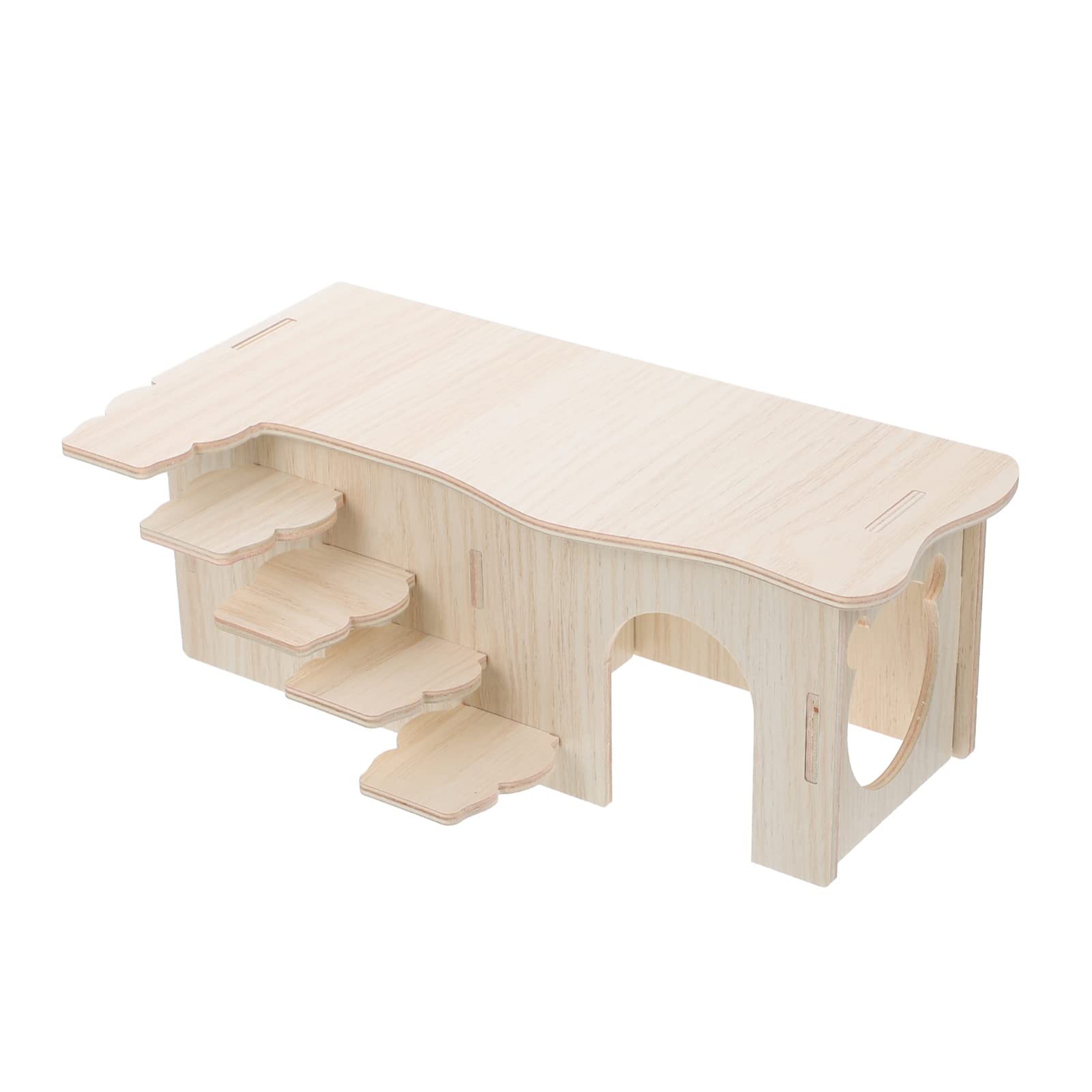 VILLCASE Wooden Hamster House with Steps, Multi-Chamber Hideout Wood Guinea Pig Hut Hideaway with Ramp for Dwarf Hamsters Mice Rats Gerbils Small Animals (S)