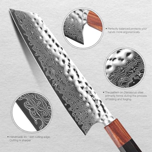 WEERLTEM Damascus Chef Knife, Upgraded 8 Inch Professional VG10 Damascus steel Japanese Kiritsuke Knife, Ultra Sharp 67-Layer Damascus Kitchen Knife with Octagonal Red Sandalwood Handle & Gift Box