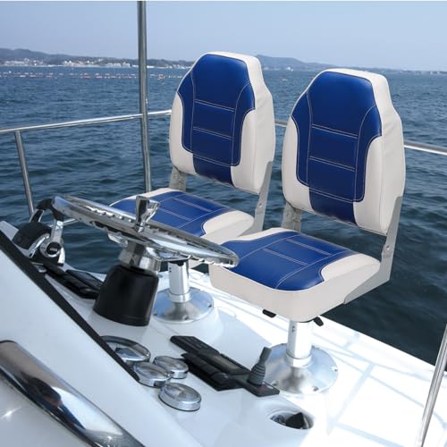 2 Pack High Back Folding Fishing Boat Seats, Fold-Down Boat Chairs with Thickened Sponge Padding and Hinges, Stainless Steel Screws Included, Fits Sightseeing Boats Speedboats Canoes, Blue