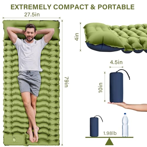 Uniiking® Camping Sleeping Pad, Ultralight Camping Mat with Pillow, Built-in Foot Pump Inflatable Sleeping Pads Compact for Camping Backpacking Hiking Traveling Tent, Green Single