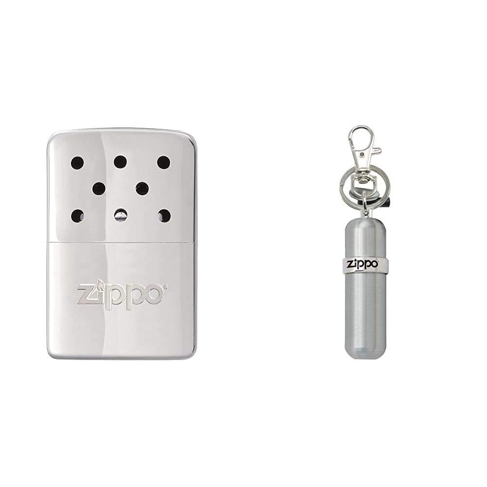 Zippo Unisex's Hour Heat 6 Easy Fill Re-Useable Hand Warmer, Chrome 6 Hr & Fuel Canister Keychain | Refill Lighter Fluid | Refill Windproof Lighter Refillable Hand warmer