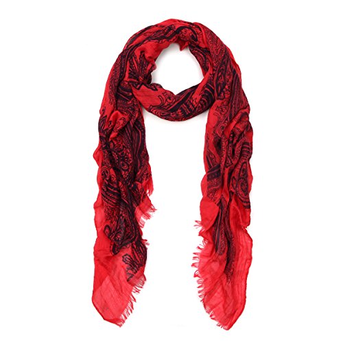 Premium Viscose Vintage Paisley Print Frayed End Scarf, Red