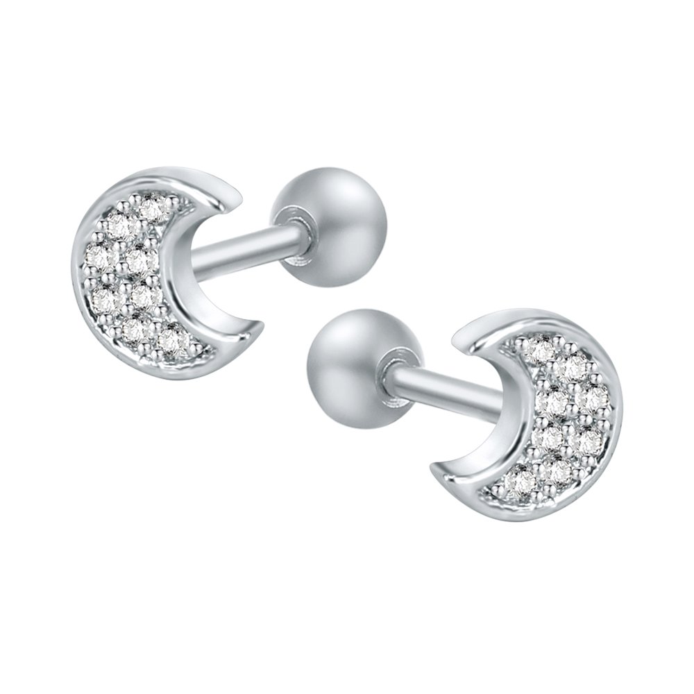 16g Sparkling Cubic Zirconia Stainless Steel Stud Earrings Tragus Helix Conch Cartilage Ear Piercing (Moon)