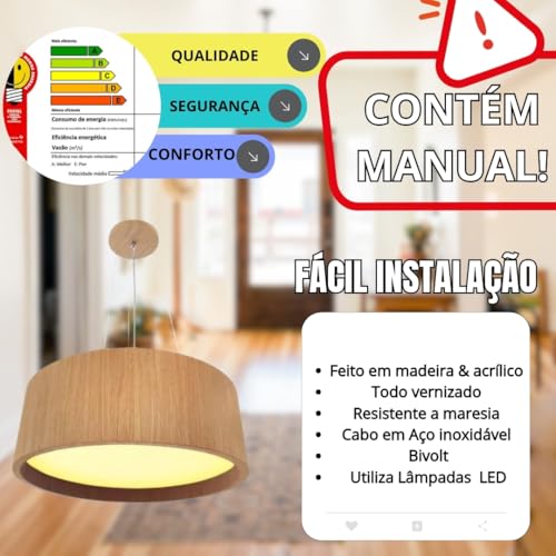 DSMIX RJ Lustre Pendente Redondo 40cm Madeira Freijó com 4 Bocais E27 Bivolt – Luminária Moderna para Sala, Cozinha e Área Gourmet