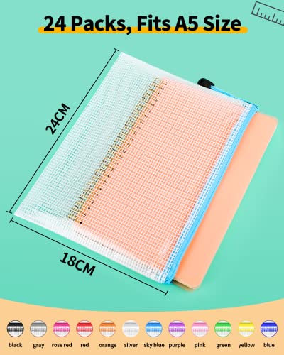 Smarpau 24PCS Plastic Wallets A5 - Plastic Folders A5 Zip Wallets Zip Lock Bags Waterproof Mesh Document Bags for School, Office Supplies, Home Storage(12 Colors)