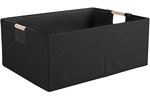 LaMorée Fabric Storage Bin Box Foldable Cotton Linen Storage Basket with Wooden Handles Rectangular Cube Decorative Home Laundry Organizer Clothes Blanket Container – Black, Large