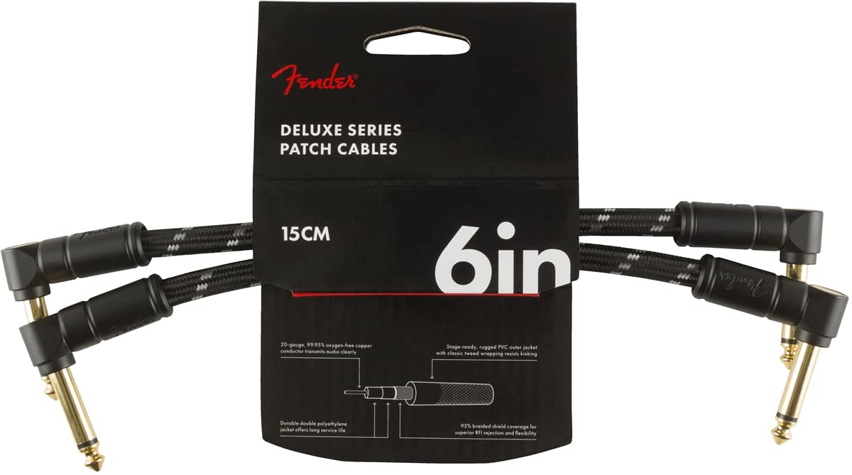 Fender 990820087 Deluxe Serie Patch Cable - 6 inch – ANG/ANG - Pack of 2 - Black Tweed
