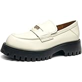 BEAU TODAY Chunky Loafers Women,Patent Leather Platform Loafers for Women,Lug Sole Slip On Penny Shoes,Comfortable Work Office Business Casual Dress Shoes Beige 8.5