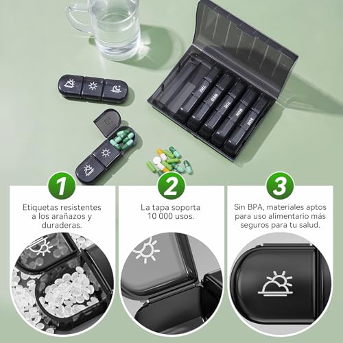 Organizador de Pastillero Semanal, Pastillero para 7 Día de Píldoras Portátil, tres veces al día, protección de privacidad negra Estuche de pastillas AM PM para medicamentos, vitaminas, aceites de pescado, suplementos