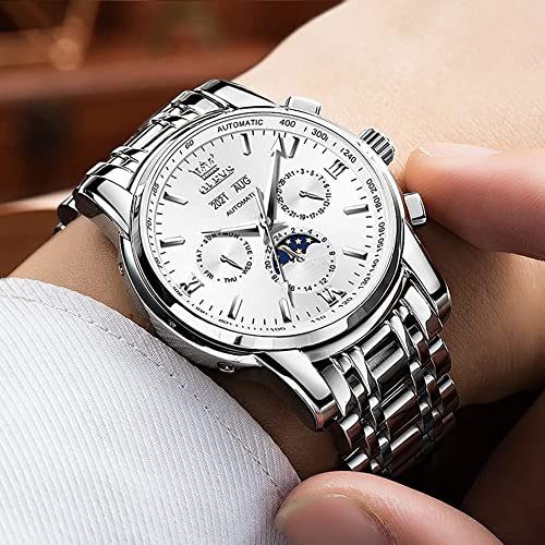OLEVS Automatic Mens Watches Mechanical Luxury Dress Moon Phase Stainless Steel Waterproof Luminous Calendar Wrist Watches,White,Mechanical
