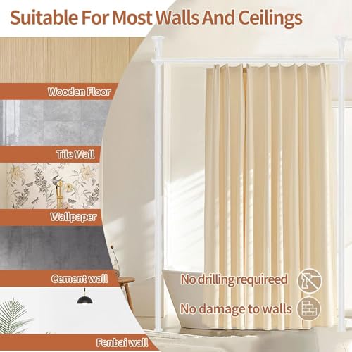 Dsocool Room Divider Curtain Rod, No Drilling Room Separator for Space Partition Adjustable 122-305cm(H) 70-177cm(W) Heavy Duty Temporary Wall Divider Floor to Ceiling Tension Rod, White