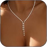 STONEFANS Long Tennis Necklaces for Women - Dainty Silver Lariat Necklace Rhinestone Y Shaped Drop Necklace Cute Choker Necklaces for Women Trendy Silver Prom Jewelry Gifts