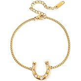 Horseshoe CZ Western Lucky Link Chain Bracelet for Women Dainty Stainless Steel Gold-tone Geometric U Shaped Horse Charm Bangle Adjustable Fashion Trendy Jewelry