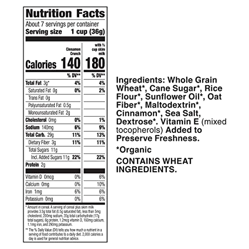 Cascadian Farm Organic Cinnamon Crunch Cereal, Whole Grain Cereal, 9.2
