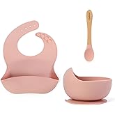 Ginbear Suction Baby Bowl Silicone Bib Spoon Set 6 M+ (Baby Pink) | 3-piece Baby Feeding Set, Self-feeding Led Weaning Supplies, Toddler Eating Set