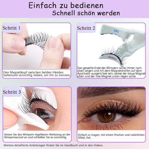 Magnetic False Eyelashes Natural Look with Applicator, Full Lashes and 3/4 Templates, Reusable Magnetic False Eyelashes No Glue or Eyeliner, Upgraded Version 4 Magnets