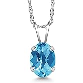 Gem Stone King 1.00 Ct Oval Checkerboard Swiss Blue Topaz 14K White Gold Pendant with Chain