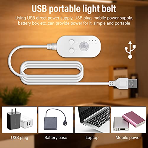 LED Band mit Bewegungsmelder, 1M/2M/3M USB Kleiderschrank Beleuchtung Stripe, LED Schranklicht Streifen Warmweiß 3500K/Weiß 6500K, Überall Aufkleben Nachtlicht für Schlafzimmer, Treppe, Schrank