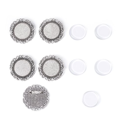 Pandahall 5Sets 25mm Iron Brooch Making Transparent Clear Domed Magnifying Glass Cabochon Circle Cover Bezel Setting for Women Brooch Back Safety Catch Back Round Bar Pins Antique Silver
