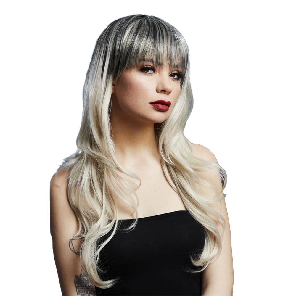Smiffys Fever Sienna Wig, True Blend, Blonde Dark Roots, Long Feathered with Fringe, 66cm/ 26in, Fever Wigs Fancy Dress, Adult Dress Up Wigs