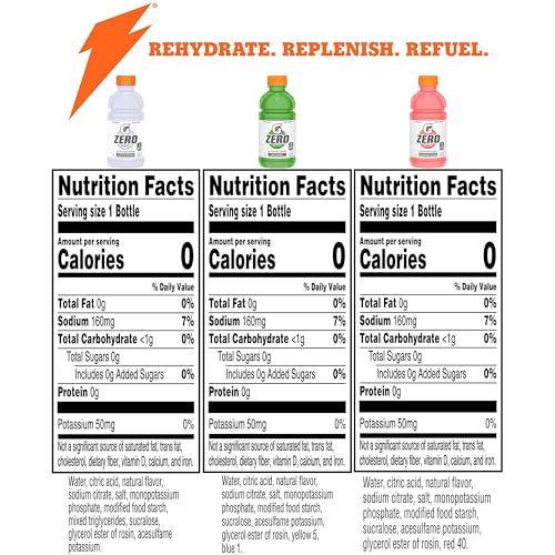 GATORADE G ZERO SPORTS DRINK, GLACIER CHERRY, WATERMELON SPLASH, APPLE BURST VARIETY PACK, 12 FL OZ (PACK OF 18)