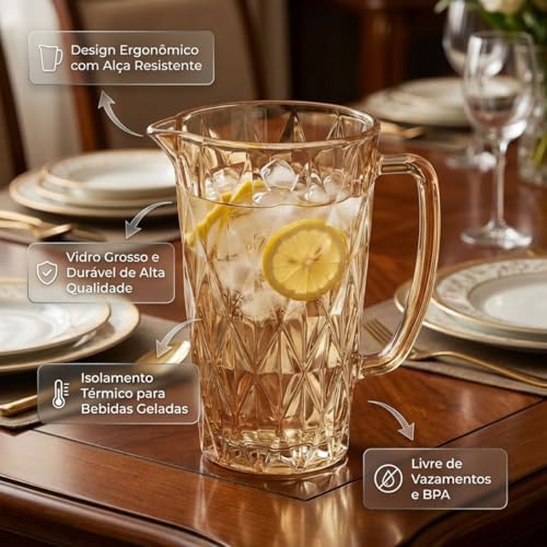 Jarra de Vidro Diamond Âmbar Design Elegante Resistente Versatil Para Sucos Água Drinks e Cafés Ideal Para Cozinha Bar Restaurante
