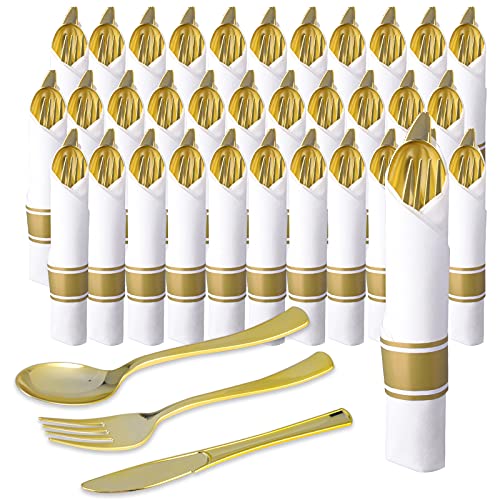 50 Pack Pre Rolled Gold Plastic Cutlery Set Gold Plastic Silverware