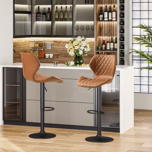 DICTAC Leather Bar Stools Set of 2 Brown Adjustable Bar Stools