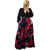 Plus Size Women's 2 Piece Outfits Casual Long Sleeve Wrap Crop Top Maxi Long Dress Flowy Matching Sets