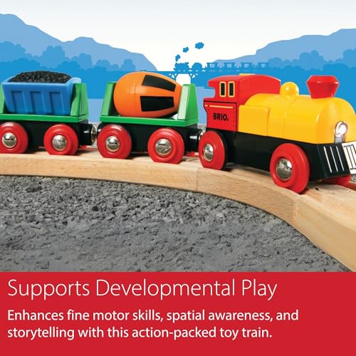 BRIO World Battery Operated Action Train - Motorized for Wooden Tracks - Kids Electric Set - Includes Moving Coal Wagon & Rotating Cement Mixer - Compatible with All Sets - Kids Ages 3 & Up