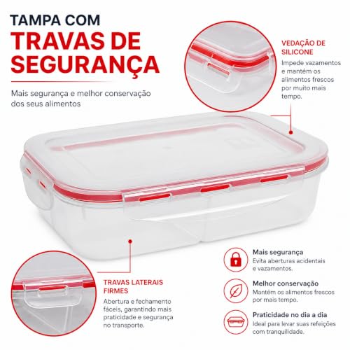 Potes Marmita Hermetica Com Divisorias Fitness 1l Com Travas Freezer Microondas Plastico Resistente Marmitas