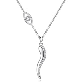 AXOMY Italian Horn Necklace 925 Sterling Silver Cornicello and Mano Cornuto Good Luck Protection Amulet Pendant Jewelry for Women
