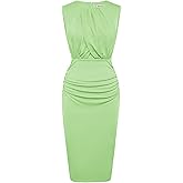 Women's Ruched Bodycon Dresses Patchwork Drape Sleeveless Summer Crew Neck Midi Cocktail Dress Wedding Guest Green S