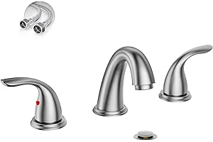 Phiestina 8 Inch 2 Handles 3 Holes Deck Mount Brushed Nickel Widespread Bathroom Faucet, with Stainless Steel Pop Up Drain, WF008-5-BN