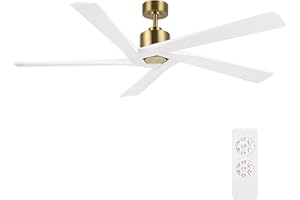 WINGBO 54 Inch DC Ceiling Fan without Lights, 5 Reversible Carved Solid Wood Blades, 6-Speed Noiseless DC Motor, Ceiling Fan No Light with Remote, Brass Finish with White Blades, ETL Listed
