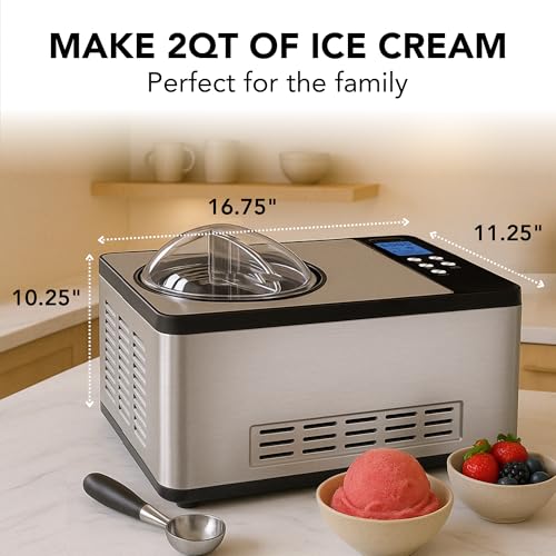 Whynter Ice Cream Maker Machine Automatic 2.1 Qt. with Built-In Compressor, LCD Digital Display & Timer, No Pre-Freezing, ICM-200LS, Stainless Steel