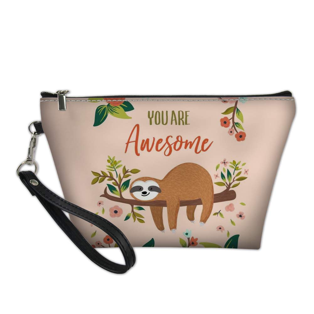 Showudesigns Leather Makeup Bag Trapezoid Cosmetic Case with Removable Strap Cute Sloth Flower Print