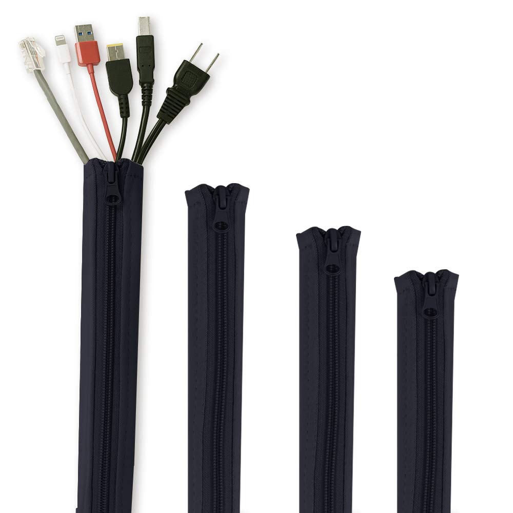 StangH Cable Management Sleeves for Wires - Cord Management System Wrap Cover Organizer with Zipper, 19" Wire Hider Protector for TV/PC Computer/Office/Home Entertainment, Black, 4Pcs