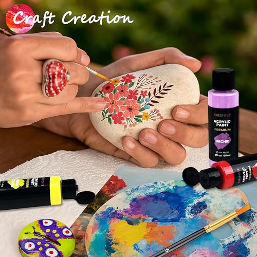 KINSPORY 24 x 60ml Acrylic Paint with 12 Brushes and Palette - Water Resistant, Safety Certified - for Canvas, Stone, Wood, Fabric, Ideal for Artists, Beginners and Kids