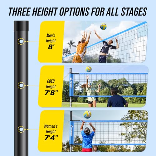 Patiassy Volleyballnetz Garten Outdoor Mobiles Set Mit Stangen, Höhenverstellbar Volleyball Netz, PU Volleyball, Handpume, Grenzlinie, Tragetasche für Rasen Standardgröße 9,5m* 1m